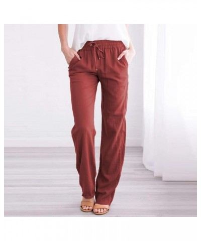 Womens Linen Pants Casual Straight Pants Drawstring Elastic Waist Long Pants Plus Size Comfy Summer Jogger Trousers Wine $9.3...