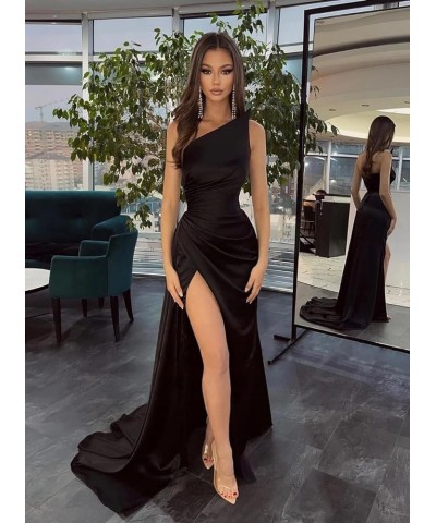 Women's Ruched Wrap Slit Prom Dresses Satin Long 2024 Pleated Mermaid Bridesmaid Evening Party Gowns Turquoise $35.52 Dresses