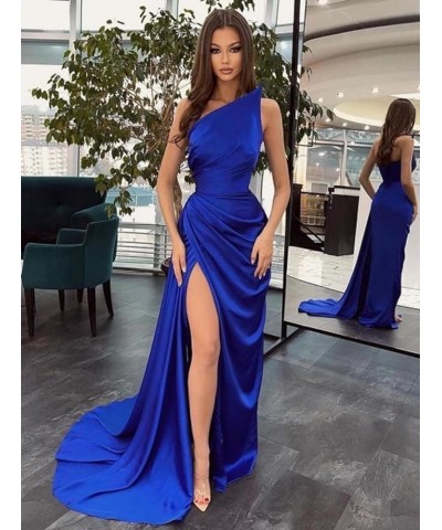 Women's Ruched Wrap Slit Prom Dresses Satin Long 2024 Pleated Mermaid Bridesmaid Evening Party Gowns Turquoise $35.52 Dresses