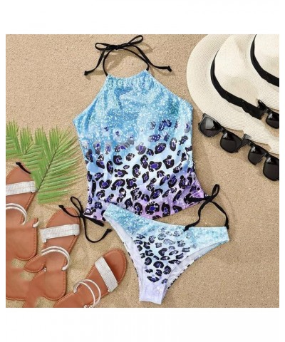 Women Two Piece Swimsuits High Waisted Bikini High Neck Top Sporty Bathing Suits Swimsuit Romper for Women B-light Blue $14.4...