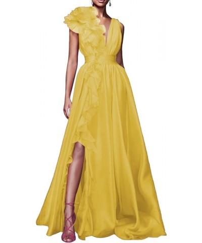 V Neck Tulle Prom Dresses for Women Sexy 3D Flower Split Long Formal Evening Dress A Line Floor Length Party Gown Yellow $40....