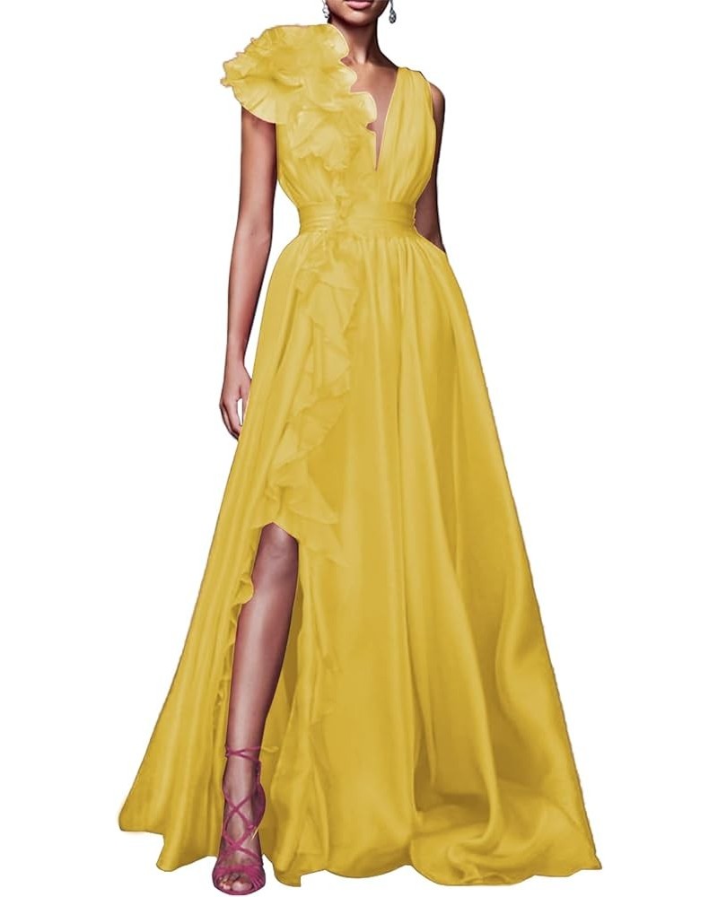 V Neck Tulle Prom Dresses for Women Sexy 3D Flower Split Long Formal Evening Dress A Line Floor Length Party Gown Yellow $40....