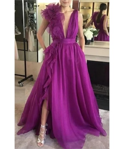 V Neck Tulle Prom Dresses for Women Sexy 3D Flower Split Long Formal Evening Dress A Line Floor Length Party Gown Yellow $40....