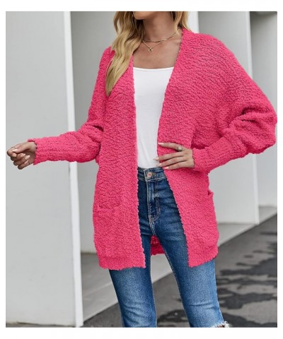 Women's 2024 Winter Fuzzy Popcorn Batwing Sleeve Cardigan Knit Oversized Sherpa Sweater Coat Deep Pink $25.75 Sweaters