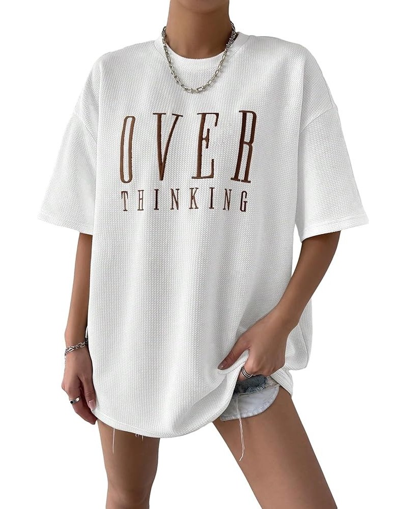 Women's Oversized Tees Ribbed Knit Graphic Letter Print Short Sleeve T Shirts Casual Loose Summer Tops White $12.60 T-Shirts