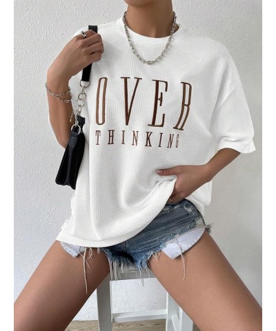 Women's Oversized Tees Ribbed Knit Graphic Letter Print Short Sleeve T Shirts Casual Loose Summer Tops White $12.60 T-Shirts