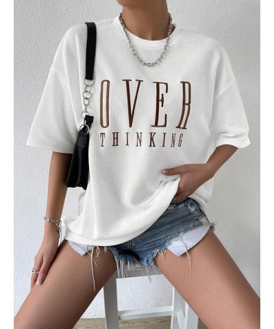 Women's Oversized Tees Ribbed Knit Graphic Letter Print Short Sleeve T Shirts Casual Loose Summer Tops White $12.60 T-Shirts