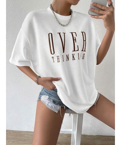 Women's Oversized Tees Ribbed Knit Graphic Letter Print Short Sleeve T Shirts Casual Loose Summer Tops White $12.60 T-Shirts