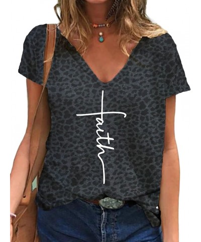 Womens Vintage Faith Jesus Cross Print T Shirt Christian V Neck Short Sleeve Leopard Tee Tops 4 $18.09 T-Shirts