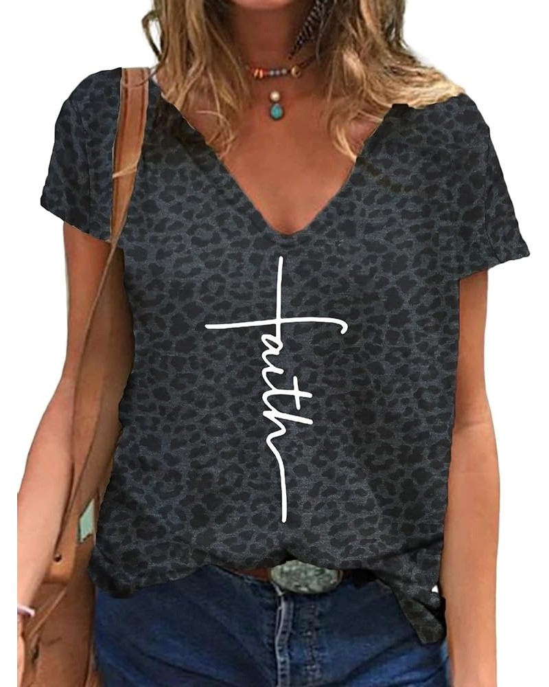 Womens Vintage Faith Jesus Cross Print T Shirt Christian V Neck Short Sleeve Leopard Tee Tops 4 $18.09 T-Shirts