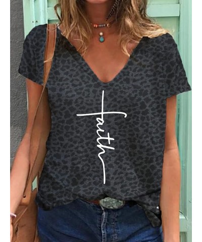 Womens Vintage Faith Jesus Cross Print T Shirt Christian V Neck Short Sleeve Leopard Tee Tops 4 $18.09 T-Shirts