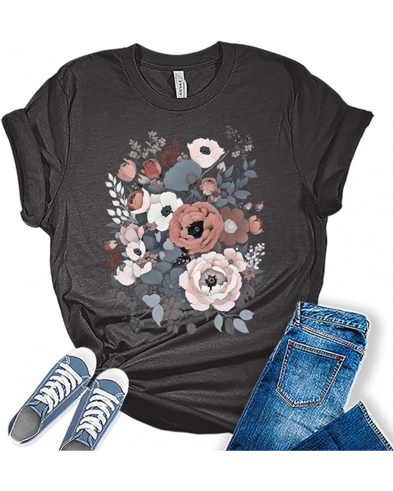 Flower Shirt Women's Vintage Tees Boho Tops Fall Graphic Tees for Women Dark Grey Heather $15.27 T-Shirts