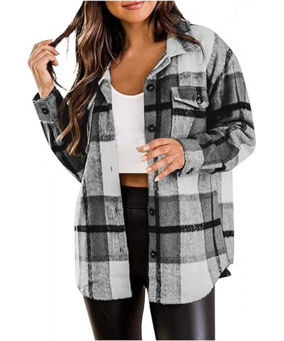 Womens Flannel Shacket Jacket Casual Plaid Shacket Button Down Shirts Jacket Coats Casual Blouse Top with Side Pockets 04-gra...