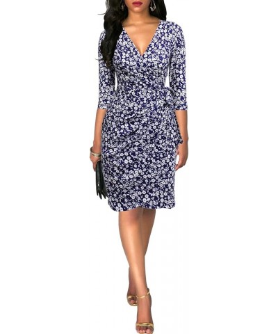 Women's Classic 3/4 Sleeve V Neck Sheath Casual Party Work Faux Black Wrap Dress White Floral $15.01 Dresses