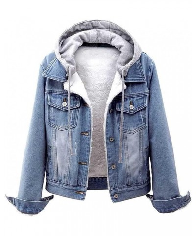 Jean Jacket Women Fleece Lined Winter Denim Jacket with Hood Oversized Hoodie Long Sleeve Trucker Jacket Coat Blue $10.69 Jac...