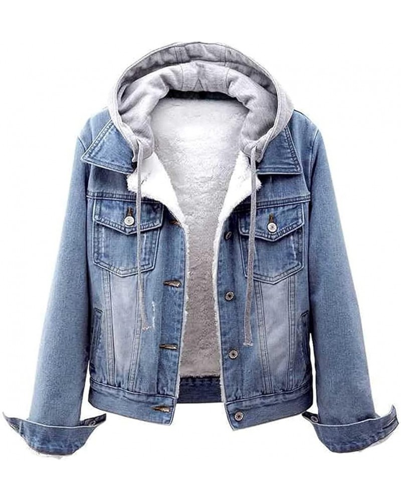 Jean Jacket Women Fleece Lined Winter Denim Jacket with Hood Oversized Hoodie Long Sleeve Trucker Jacket Coat Blue $10.69 Jac...