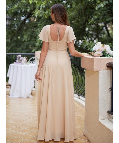 Long Chiffon Bridesmaid Dresses with Slit Short Sleeves A-Line Formal Evening Gowns for Women Wedding Guest White $31.25 Dresses