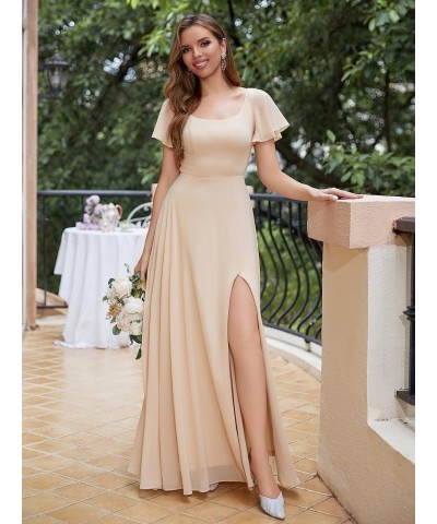 Long Chiffon Bridesmaid Dresses with Slit Short Sleeves A-Line Formal Evening Gowns for Women Wedding Guest White $31.25 Dresses