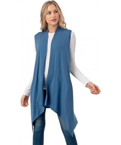 Sleeveless Draped Open Front Cardigan Vest Asymmetric Hem - Made in USA Indigo Blue $10.50 Sweaters