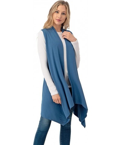 Sleeveless Draped Open Front Cardigan Vest Asymmetric Hem - Made in USA Indigo Blue $10.50 Sweaters