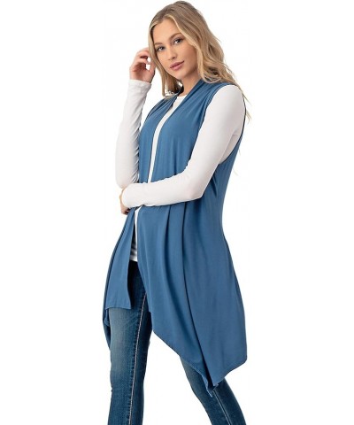 Sleeveless Draped Open Front Cardigan Vest Asymmetric Hem - Made in USA Indigo Blue $10.50 Sweaters