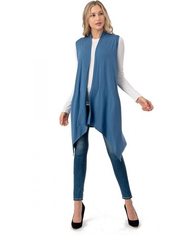 Sleeveless Draped Open Front Cardigan Vest Asymmetric Hem - Made in USA Indigo Blue $10.50 Sweaters