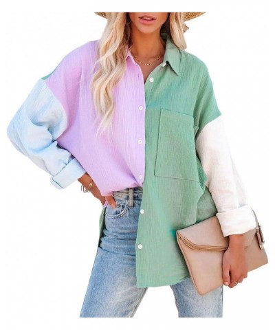 Women's Color Block Long Sleeve Button Down Boyfriend Shirt Blouses Green-pink $18.21 Blouses