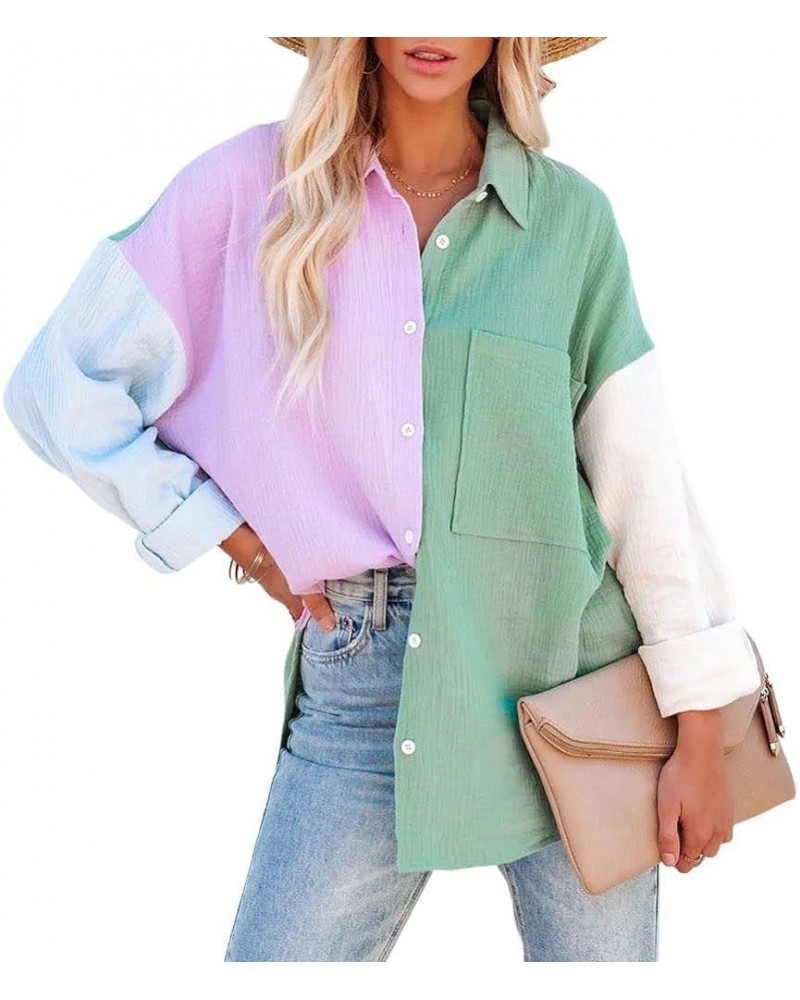 Women's Color Block Long Sleeve Button Down Boyfriend Shirt Blouses Green-pink $18.21 Blouses