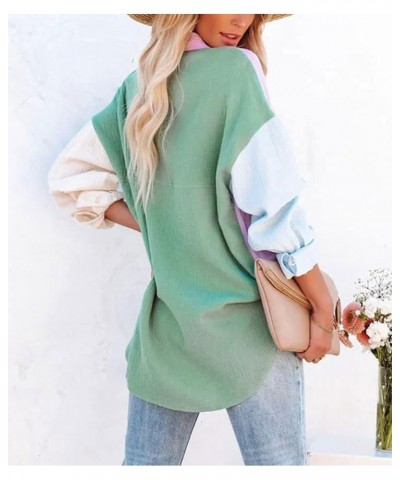 Women's Color Block Long Sleeve Button Down Boyfriend Shirt Blouses Green-pink $18.21 Blouses