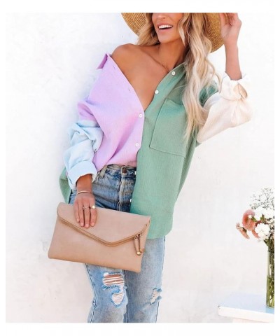 Women's Color Block Long Sleeve Button Down Boyfriend Shirt Blouses Green-pink $18.21 Blouses