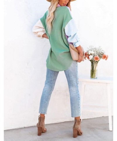 Women's Color Block Long Sleeve Button Down Boyfriend Shirt Blouses Green-pink $18.21 Blouses