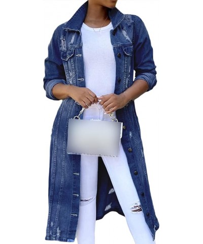 Women's Casual Distressed Denim Solid Color Long Sleeve Ripped Jean Jacket Hole Over Knee Midi Long Trench Coat Navy Blue $8....