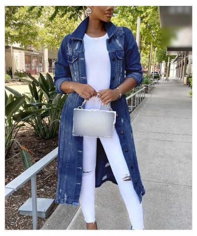 Women's Casual Distressed Denim Solid Color Long Sleeve Ripped Jean Jacket Hole Over Knee Midi Long Trench Coat Navy Blue $8....