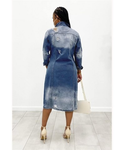 Women's Casual Distressed Denim Solid Color Long Sleeve Ripped Jean Jacket Hole Over Knee Midi Long Trench Coat Navy Blue $8....