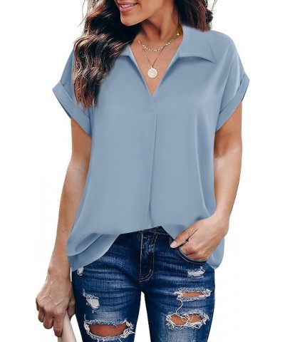 Women's Summer Work Blouse V Neck Short Sleeve Lapel Shirt Top Tunic Blue Grey $14.28 Blouses