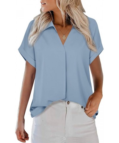 Women's Summer Work Blouse V Neck Short Sleeve Lapel Shirt Top Tunic Blue Grey $14.28 Blouses