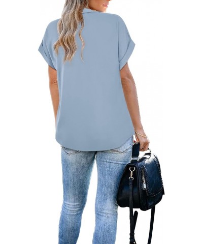 Women's Summer Work Blouse V Neck Short Sleeve Lapel Shirt Top Tunic Blue Grey $14.28 Blouses