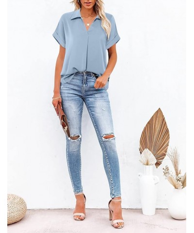 Women's Summer Work Blouse V Neck Short Sleeve Lapel Shirt Top Tunic Blue Grey $14.28 Blouses