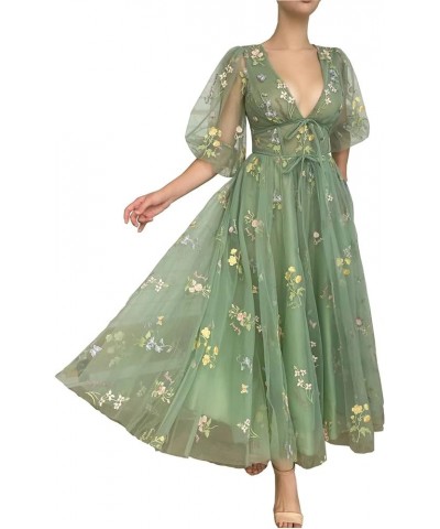 Women's Puffy Sleeve Prom Dresses Flower Embroidery Tulle Formal Evening Party Gowns Green Half Sleeve $33.59 Dresses