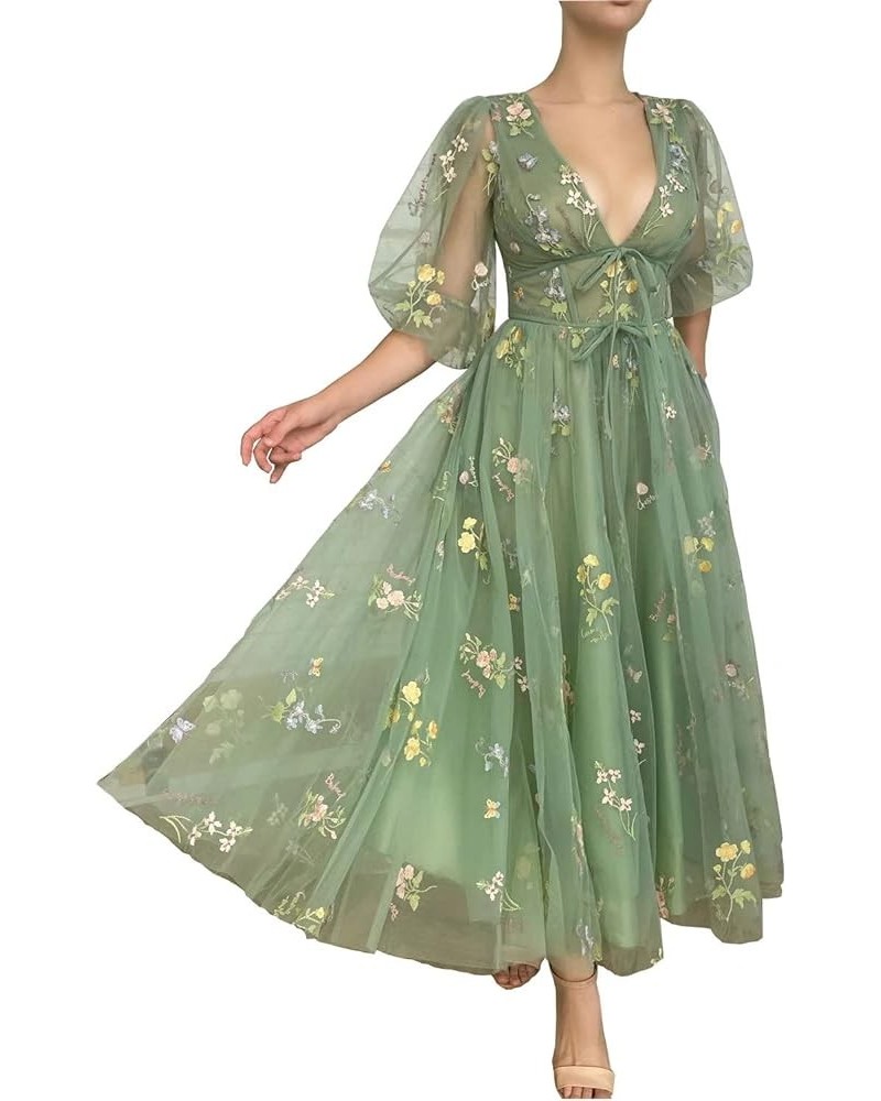 Women's Puffy Sleeve Prom Dresses Flower Embroidery Tulle Formal Evening Party Gowns Green Half Sleeve $33.59 Dresses