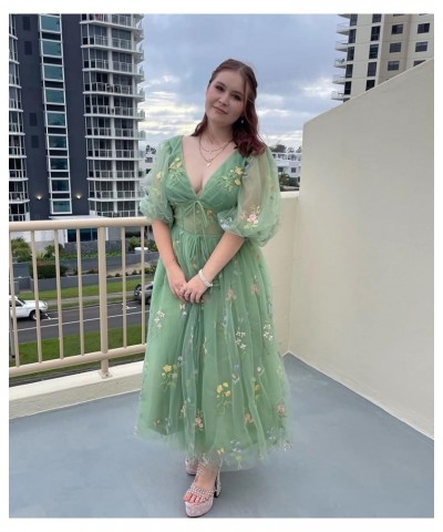 Women's Puffy Sleeve Prom Dresses Flower Embroidery Tulle Formal Evening Party Gowns Green Half Sleeve $33.59 Dresses