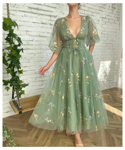 Women's Puffy Sleeve Prom Dresses Flower Embroidery Tulle Formal Evening Party Gowns Green Half Sleeve $33.59 Dresses