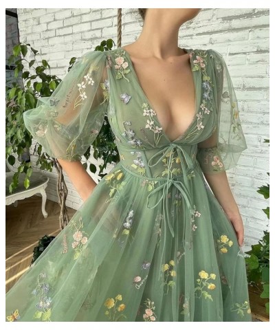 Women's Puffy Sleeve Prom Dresses Flower Embroidery Tulle Formal Evening Party Gowns Green Half Sleeve $33.59 Dresses