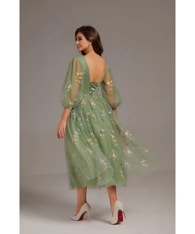 Women's Puffy Sleeve Prom Dresses Flower Embroidery Tulle Formal Evening Party Gowns Green Half Sleeve $33.59 Dresses