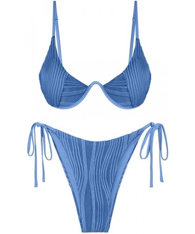 Women's Textured Underwire Bikini Set V Notch High Cut Swimwear Tie Side Ribbed Sexy Swimsuits 441-blue-2 $15.48 Swimsuits