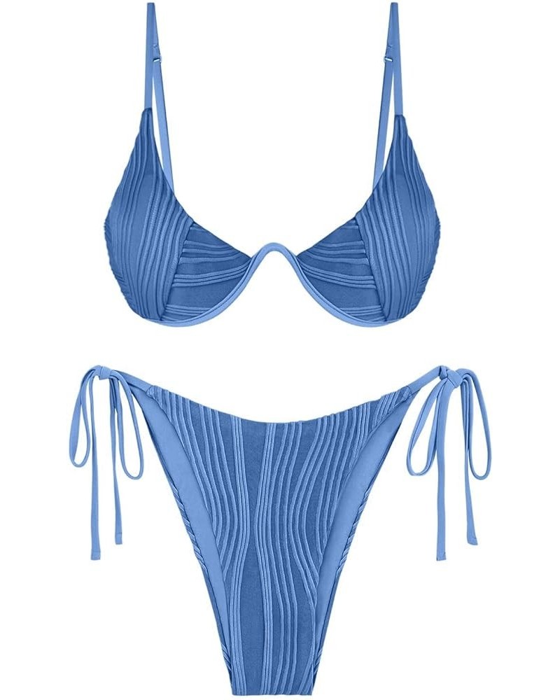 Women's Textured Underwire Bikini Set V Notch High Cut Swimwear Tie Side Ribbed Sexy Swimsuits 441-blue-2 $15.48 Swimsuits