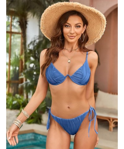 Women's Textured Underwire Bikini Set V Notch High Cut Swimwear Tie Side Ribbed Sexy Swimsuits 441-blue-2 $15.48 Swimsuits