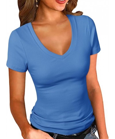 Women's Short Sleeves Ribbed Fitted Shirt Basic V Neck Slim T Shirt Tops Royal Blue $12.69 T-Shirts