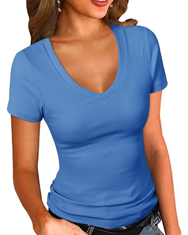 Women's Short Sleeves Ribbed Fitted Shirt Basic V Neck Slim T Shirt Tops Royal Blue $12.69 T-Shirts