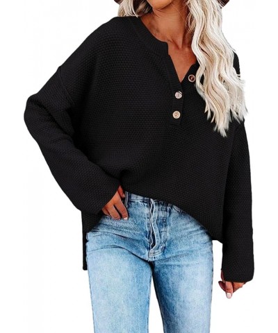 Womens 2023 Henley V Neck Winter Sweaters Long Sleeve Tops Chunky Knit Buttons Casual Relaxed Fit Pullover Jumper Top Black $...